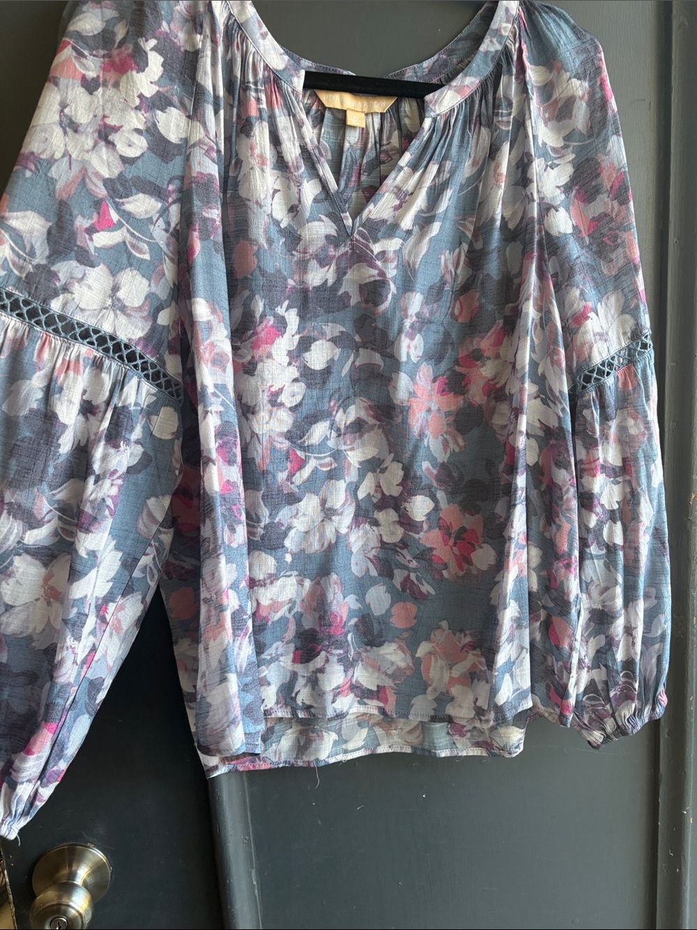 Floral V-Neck Peasant Blouse in Blue and Pink - Picture 1 of 4